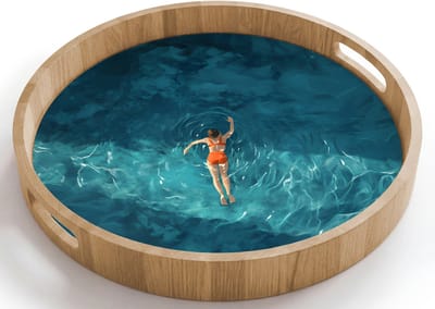 Dienblad rond 40x40 cm - Schootdienblad hout - Vrouw - Water - Bikini - Oranje - Borrelplank rechthoek - Plateau houten dienbladen