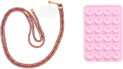 xoxo Wildhearts Telefoonkoord Regenboog & Goud + Telefoonsticker Stick On Me Square Lichtroze – geschikt voor alle telefoonhoesjes
