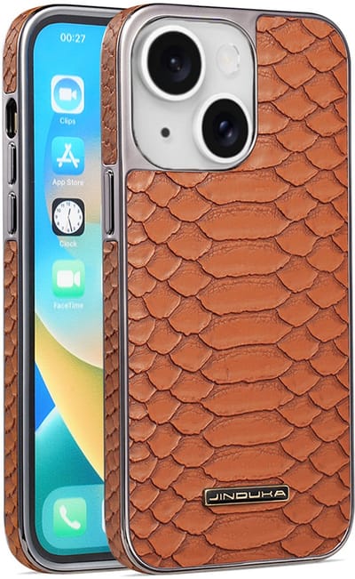 Stravo × JINDUKA Luxe Slangenleren Hoes voor iPhone 14 | BruinSchokabsorberend · Antislip · Vingerafdrukvrij