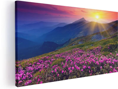 Artaza Canvas Schilderij Bergen - 40x20 cm - Klein - Wanddecoratie Bloemen - Muurdecoratie Zonsondergang - Schilderijen Op Canvas