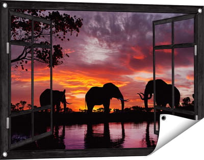 Gards Tuinposter Doorkijk Olifanten tijdens Zonsondergang - Silhouet - 90x60 cm - Tuindoek - Tuindecoratie - Wanddecoratie buiten - Tuinschilderij