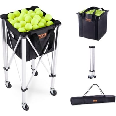VEVOR Opvouwbare tennisballencontainer, geschikt voor 150 tennisballen, lichtgewicht tennisballenmand van aluminiumlegering met wielen, afneembare tas, draagtas, draagbare sportleswagen voor tennissers