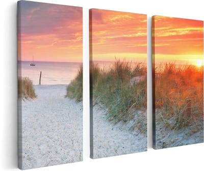 Artaza Canvas Schilderij Drieluik Strand En Duinen Bij Zonsondergang - 120x80 cm - Wanddecoratie Woonkamer - Schilderijen - Muurdecoratie