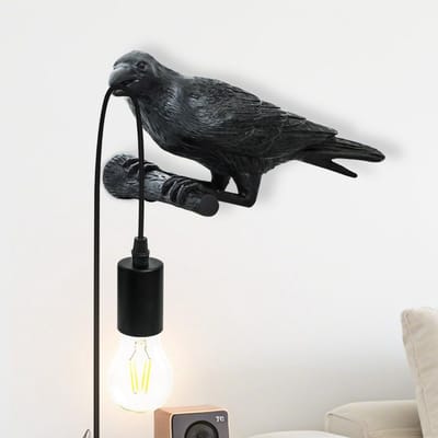 Kunstzinnige Wandlamp Zwart in Resin Model Kraai - E27 Fitting - Instekker met Snoer
