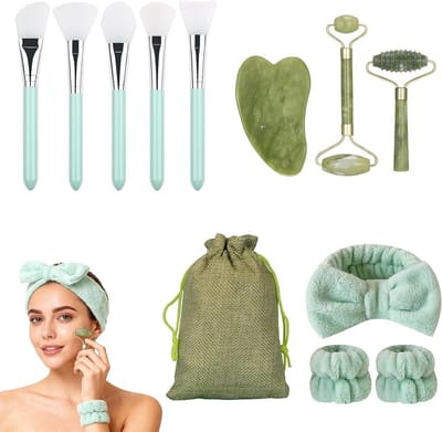 Complete Gua Sha-massageset met 12 essentiële accessoires voor ontspanning, gezichtscontouren en huidverzorging - Inclusief rolmassage, jade steen en haarband