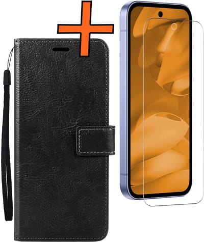 Hoes - Met Screenprotector - Geschikt voor Google Pixel 9a - Luxe Pasjeshouder - Bookcase Portemonee - Flip Case - Kunstleer Book Case - Flipcase - Book Cover - Walletcase - PortemonneeHoes - Zwart