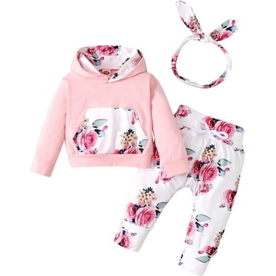 0-18 Maanden Peuter Baby Meisje 3-delige Set Kleding met Capuchon Bloemenprint Lange Mouwen Top+Broek+Strikje Hoofdband Mode Herfst Outfit 70 (0-3M) white