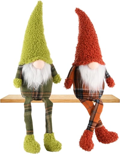 Dekoratief | Pop gnoom m/hangbenen, groen/oranje, stof, 10x8x25cm, set van 2 stuks | A245332