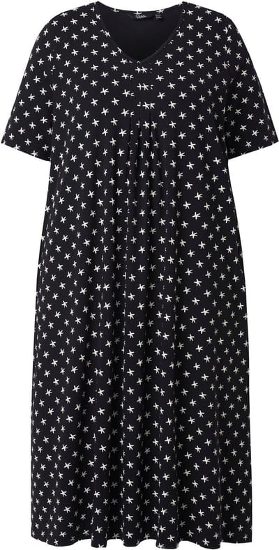 Ulla Popken - Dames - Midi-jurk sterren V-hals korte mouwen zakken - Zwart - Maat 42+