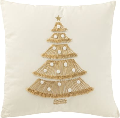 J-Line kussen Kerstboom Franjes + Pompoms - katoen - wit/goud