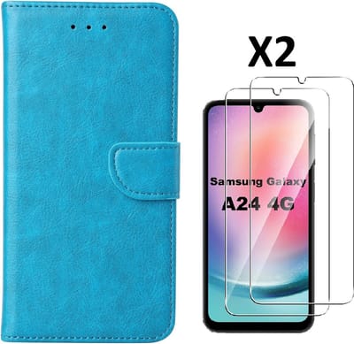 Hoesje Geschikt Voor Samsung Galaxy A24 hoesje bookcase portemonnee Met 2x screenprotector / Beschermglas - Blauw