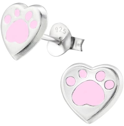 Joy|S - Zilveren kat hond dierenpoot hartje oorbellen - 8 x 7 mm - hartje oorknoppen - poot afdruk roze