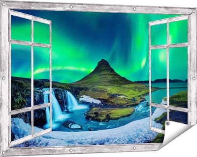 Gards Tuinposter Doorkijk Noorderlicht bij de Watervallen in IJsland - 120x80 cm - Tuindoek - Tuindecoratie - Wanddecoratie buiten - Tuinschilderij