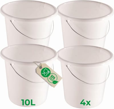 Novaliv 4 stuks emmer 10L wit met maatverdeling - schoonmaak emmer 10 liter? 28,5 cm Praktische alleskunner met schaalverdeling voor huishouden & tuin ideaal als huishoudemmer, wateremmer, dweilemmer, emmer
