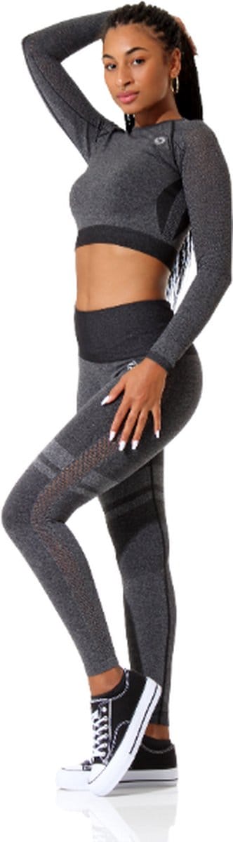 Dames sportkleding - Sportset - Luchtdoorlatend - Sportlegging - Croptop - Zwart Melange - Maat S