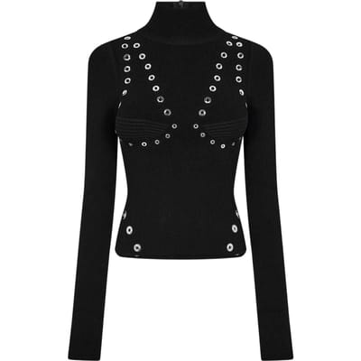 Off White Dames-top met oogjes en hoge kraag (Zwart)