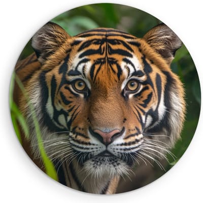 Saammp Muurcirkel Hout - Jonge Tijger tussen de bladeren - Natuur - Dieren - Ø 90 - Wandcirkel - Wanddecoratie Cirkel - muurdecoratie Woonkamer - Slaapkamer decoratie - Rond Schilderij