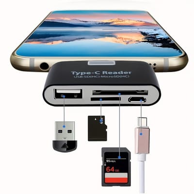 Dutchers® 4-in-1 Type-C Kaartlezer – USB 3.1 Cardreader - OTG Reader - Met Led indicator – Geschikt voor TF & Micro SD – Met Micro-USB Oplaadpoort – OTG Adapter voor Laptop, PC & USB-C Apparaten