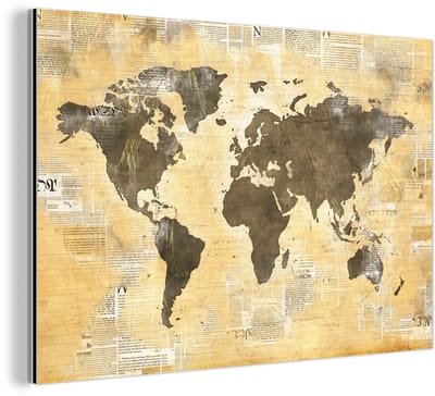 Aluminium schilderij 150x100 cm - Wanddecoratie metaal - Wereldkaart - Krant - Gouden - Metalen muurdecoratie woonkamer - Decoratie industrieel - Foto op dibond - Industriële accessoires slaapkamer