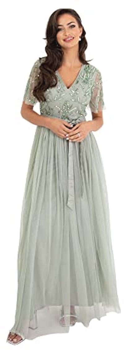 Maxi-jurk voor dames, elegante avondjurk voor bruiloften en evenementen, V-hals met strikband, groen, maat 44