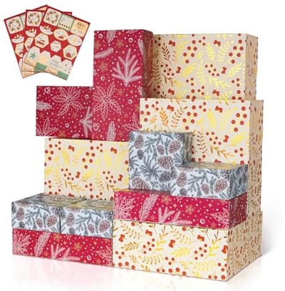 12 Stuks Kerstcadeaudozen met Deksels in Goud, Rood en Groen - Diverse Ontwerpen en Maten