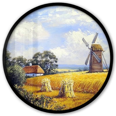Poster in lijst Rond - Fotolijst 40x40 cm - Posters - Schilderij - Boerderij - Molen - Olieverf - Ronde posterlijst zwart - Decoratie - Wanddecoratie woonkamer - Muurdecoratie slaapkamer