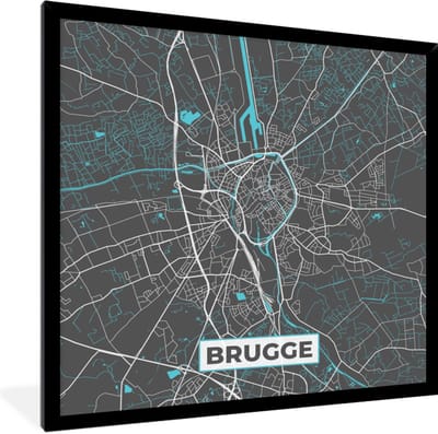 Fotolijst incl. Poster - Plattegrond – Brugge – Blauw – Stadskaart - Kaart - België - 40x40 cm - Posterlijst