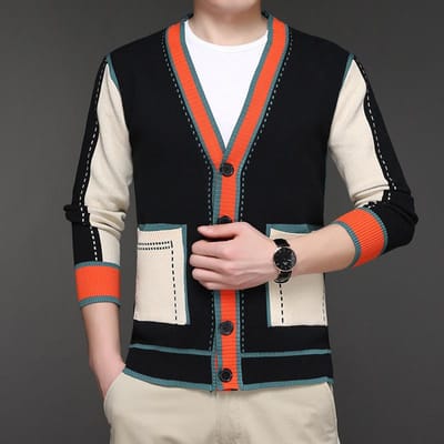Lente Nieuw Vest Herenmode Casual Gebreide Kleding Kleurblok Lange Mouw Top Koreaanse Versie van De Trend Herenkleding 3XL black