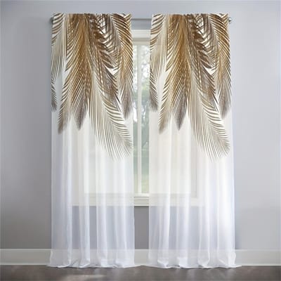 Luxe Goud Blad Veer Transparante Voile Gordijnen Voor Slaapkamer Ruimte Tule Raamgordijnen Voor Woonkamer Transparante Gordijnen Raambekleding Gordijnen 2 Stuks W50X130H(cm)x2Pcs&Hook
