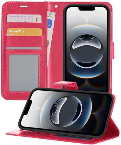 Hoesje - Geschikt voor Apple iPhone 16e / 17e - Luxe Bookcase - Walletcase Hoes - Portemonnee - Cover - Telefoonhoes - Donkerroze