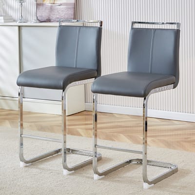 Wishdor - Barkrukken Set Van 2 - Met Rugleuning En Voetensteun - Strak Ontwerp - Metaal En Kunstleer - Donkergrijs En Zilver - Totale Hoogte 96,5 Cm - Zithoogte 63,5 Cm - Onderhoudsvriendelijk
