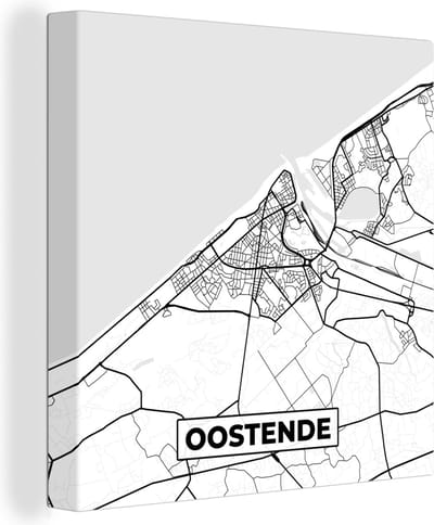 Canvas Schilderij België – Oostende – Stadskaart – Kaart – Zwart Wit – Plattegrond - 20x20 cm - Wanddecoratie