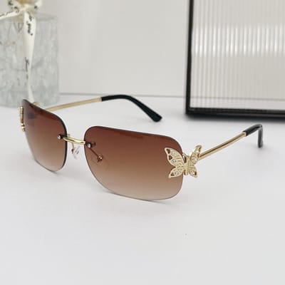 Nieuwste Y2K Randloos Vlinder Rechthoekig Zonnebrillen Brillen Dames Voor Mannen Klassiek Zonneklepbrillen Luxe Designer Stijl Stijl Steampunk Roze