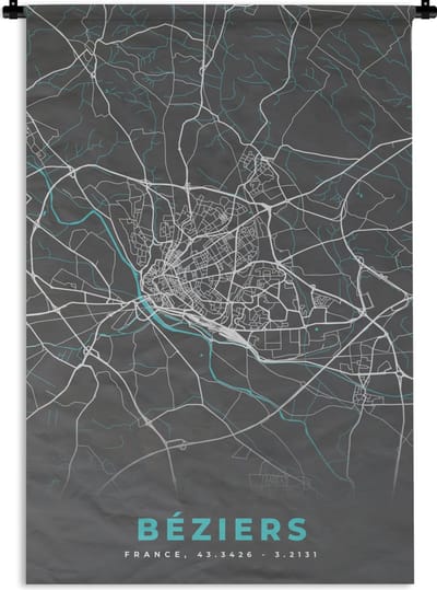 Wandkleed - Wanddoek - Béziers – Plattegrond – Frankrijk – Kaart – Stadskaart - 120x180 cm - Wandtapijt