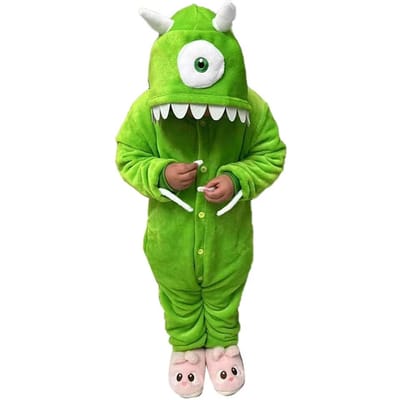 Mike Cosplay Onesies Anime Groen Kostuum Jongen Meisje Nachtkleding Halloween Jumpsuit Festival Outfit Winter Warm Flanel Schattig Pak 4T Fit 85-104cm groen