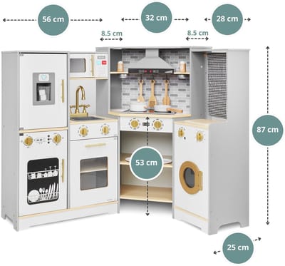 Mamabrum Houten kinderkeuken 3+, groot, interactief kinderfornuis XXXL met led-verlichting, keukenset met wasmachine, oven, vaatwasser, afzuigkap, ijsblokjesmachine en pannen