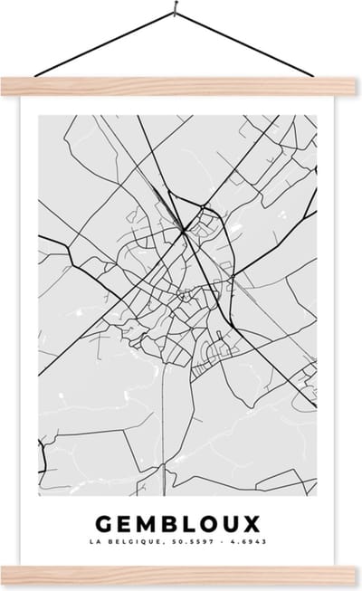 Posterhanger incl. Poster 40x60 cm - Schoolplaat - Zwart Wit – België – Plattegrond – Stadskaart – Kaart – Gembloux - Textielposter - Blanke latten - Stadskaart