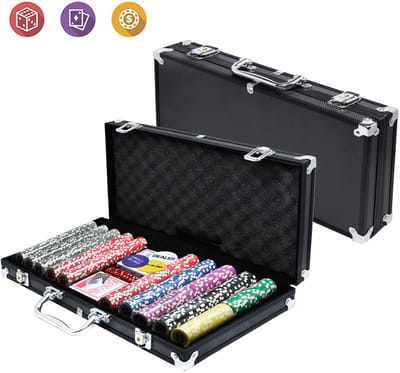 Pokerkoffer pokerset 500 chips pokerchips met 3 dealerknoppen, 5 dobbelstenen, 2 sleutels, 2 pokerdecks, 1 aluminium pokerkoffer voor partyspel Texas Hold'em Poker (zwart)