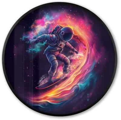 Poster in lijst Rond - Fotolijst 60x60 cm - Posters - Astronaut - Ruimte - Surfen - Kleurrijk - Ronde posterlijst zwart - Decoratie - Wanddecoratie woonkamer - Muurdecoratie slaapkamer
