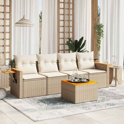 vidaXL - 5-delige - Loungeset - met - kussens - poly - rattan - beige