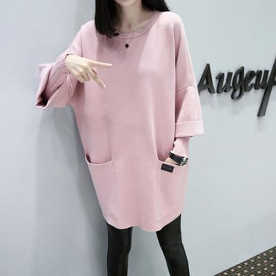 Koreaanse herfst winter pulsgrootte katoenen sweatshirts losse drop-mouw X-lange O-hals vrouwelijke zakken decoratie twee nepstukken XXXXL roze
