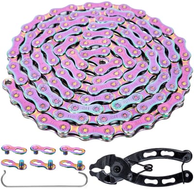 Kleurige Fietsketting van Koolstofstaal, 11 Versnellingen, 11500 PSI Treksterkte, 116 Schakels, Geschikt voor Shimano/SRAM 6-8 Versnellingen en Inclusief PowerLock Tools