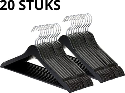 Wicotex-Kledinghanger – SET 20 stuks - houten-kleerhanger, met rok inkepingen en broekspijpen, draaibare haak, Dames en heren kleding - ZWART
