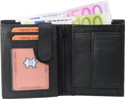 Portemonnee Heren - Leren Heren Portefeuille - Staand model - 12 pasjes - Zwart