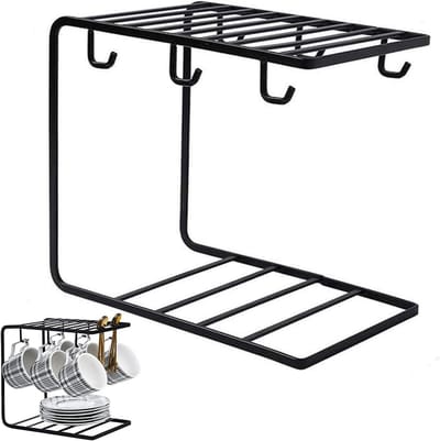 QTTVBTNA Mokkenrek – Metalen Kopjesrek – Mokken houder – Keuken Organizer – Voor 6 Mokken - Zwart