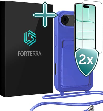 Hoesje Geschikt voor iPhone Air Pashouder Case Siliconen Hoes Met Koord Met 2x Screenprotector - Hoes Geschikt voor iPhone Air Met Telefoonkoord Hoesje Back Cover Met Pasjeshouder - Felblauw