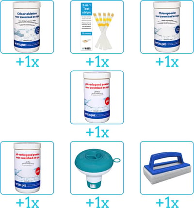 Zwembad Onderhoudspakket - Onderhoud Zwembad - bevat Chloor - Testrips - Chloor - PH-min - PH-plus - Chloordrijver en Scrubborstel (7-delig)