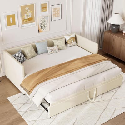 Slaapbank, uittrekbaar, 90/180 x 200 cm, tweepersoonsbed, eenpersoonsbed, met lattenbodem, functioneel, voor de dag, huidvriendelijke fluwelen stof, zonder matras (beige)
