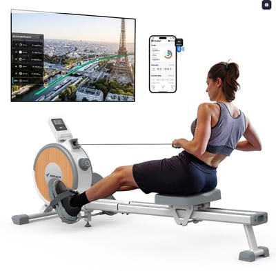 MERACH Roeimachine voor thuis - Stille magnetische roeitrainer- Exclusieve app - 16 weerstandsniveaus - Verbeterde dubbele glijrails - Bluetooth-display & tablet-houder - Verticale opslag - Gemakkelijk te monteren - Belastbaar tot 158 kg
