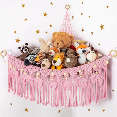 Speelgoed Hangmat - Opberger Net - Kinderkamer Decoratie - Handgeweven Katoen - 18x297x149mm - Roze